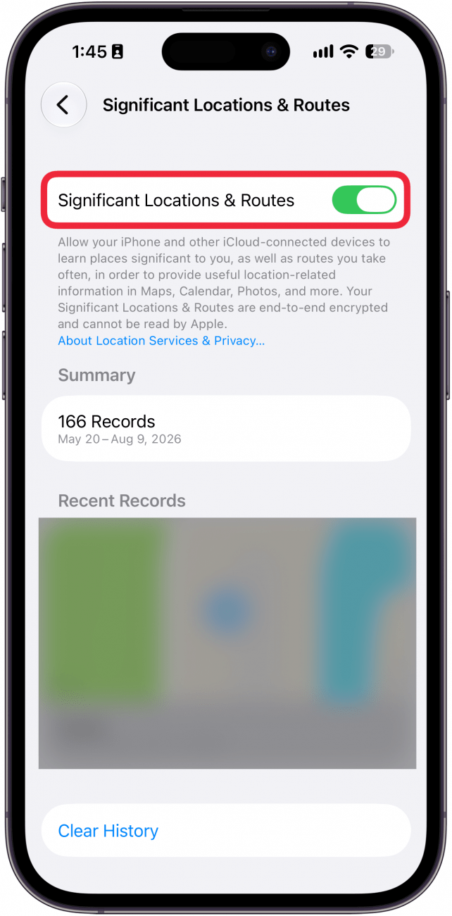 a screenshot of iphone significant location settings with a red box around significant locations toggle