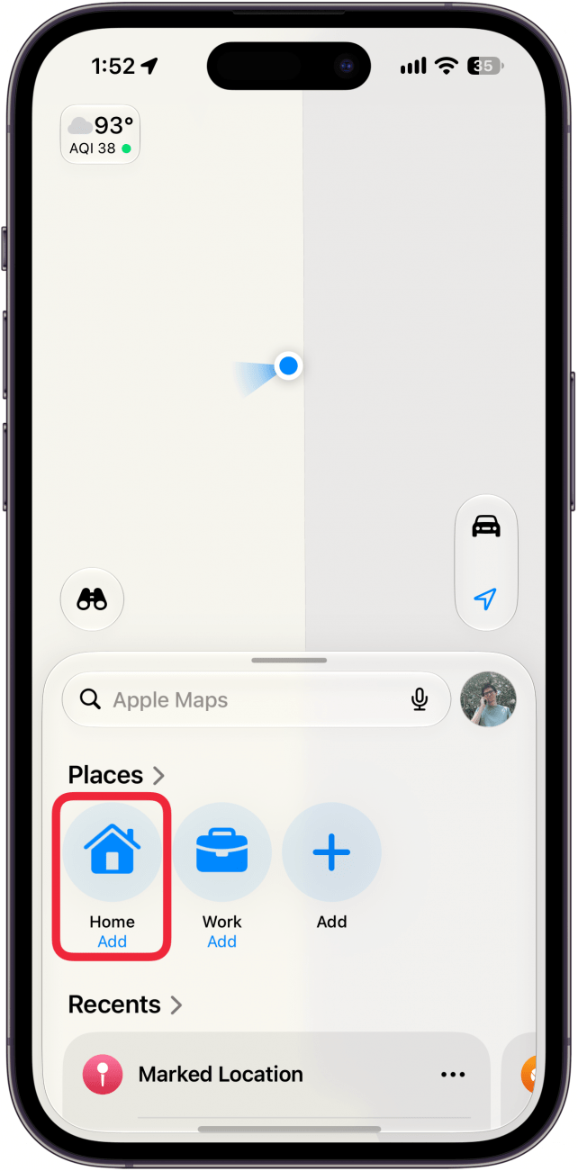 a screenshot of the maps app on iphone with a red box around the add home button