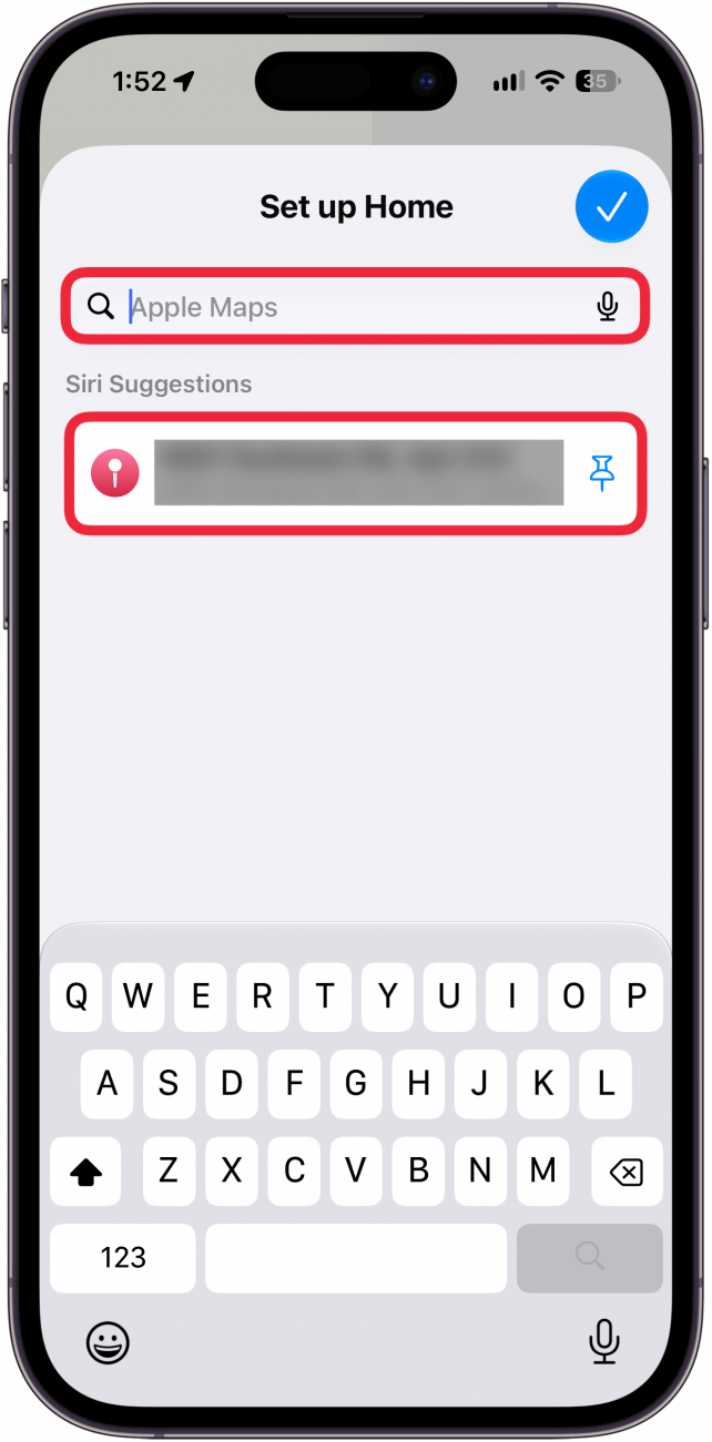 a screenshot of the maps app on iphone displaying a screen for adding a home address with a red box around a search bar and a red box around a location suggested by siri
