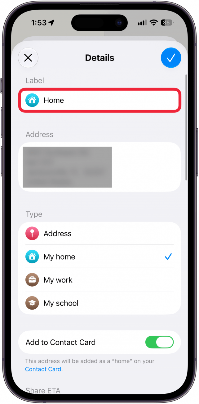 a screenshot of the maps app on iphone displaying the screen for adding a home address with a red box around the label field