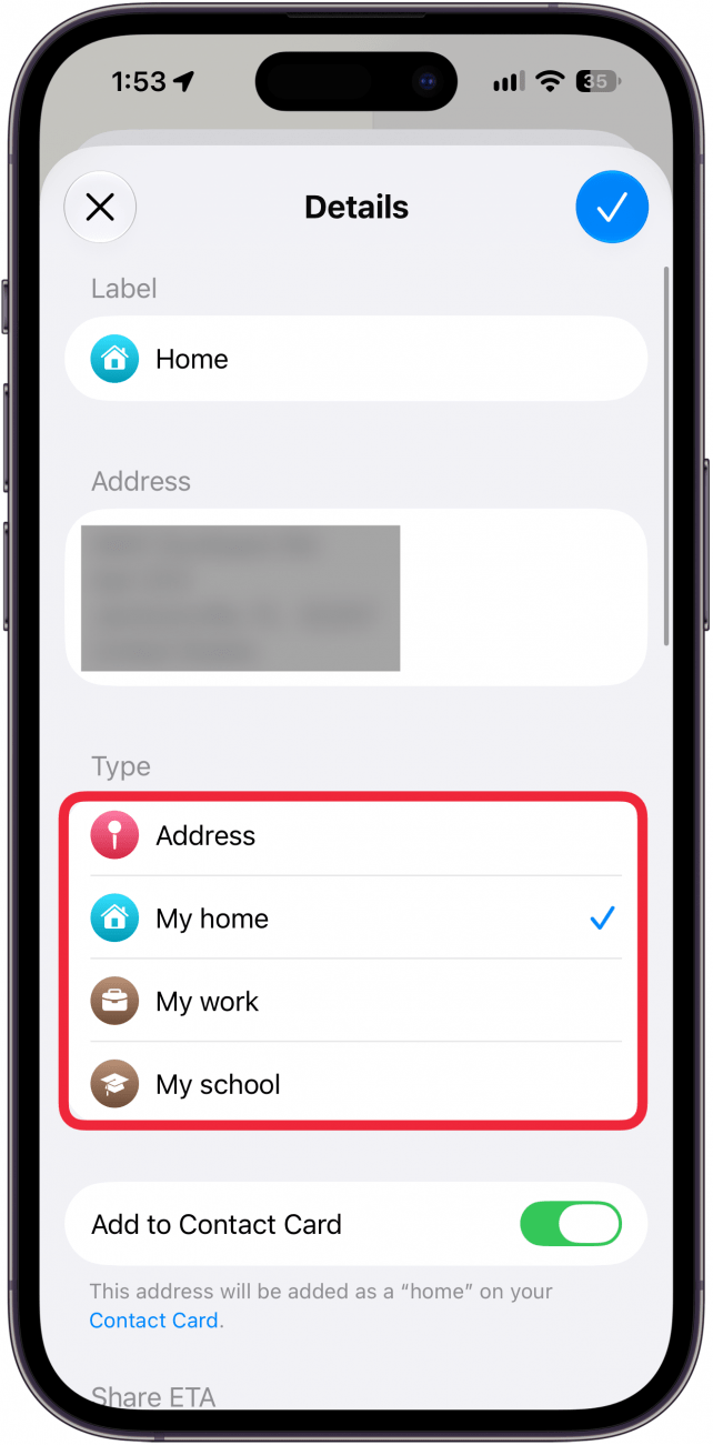 a screenshot of the maps app on iphone displaying the screen for adding a home address with a red box around the type of address