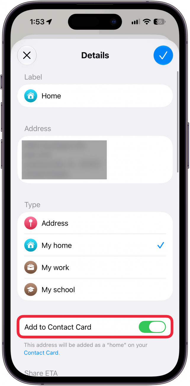 a screenshot of the maps app on iphone displaying the screen for adding a home address with a red box around the add to contact card toggle
