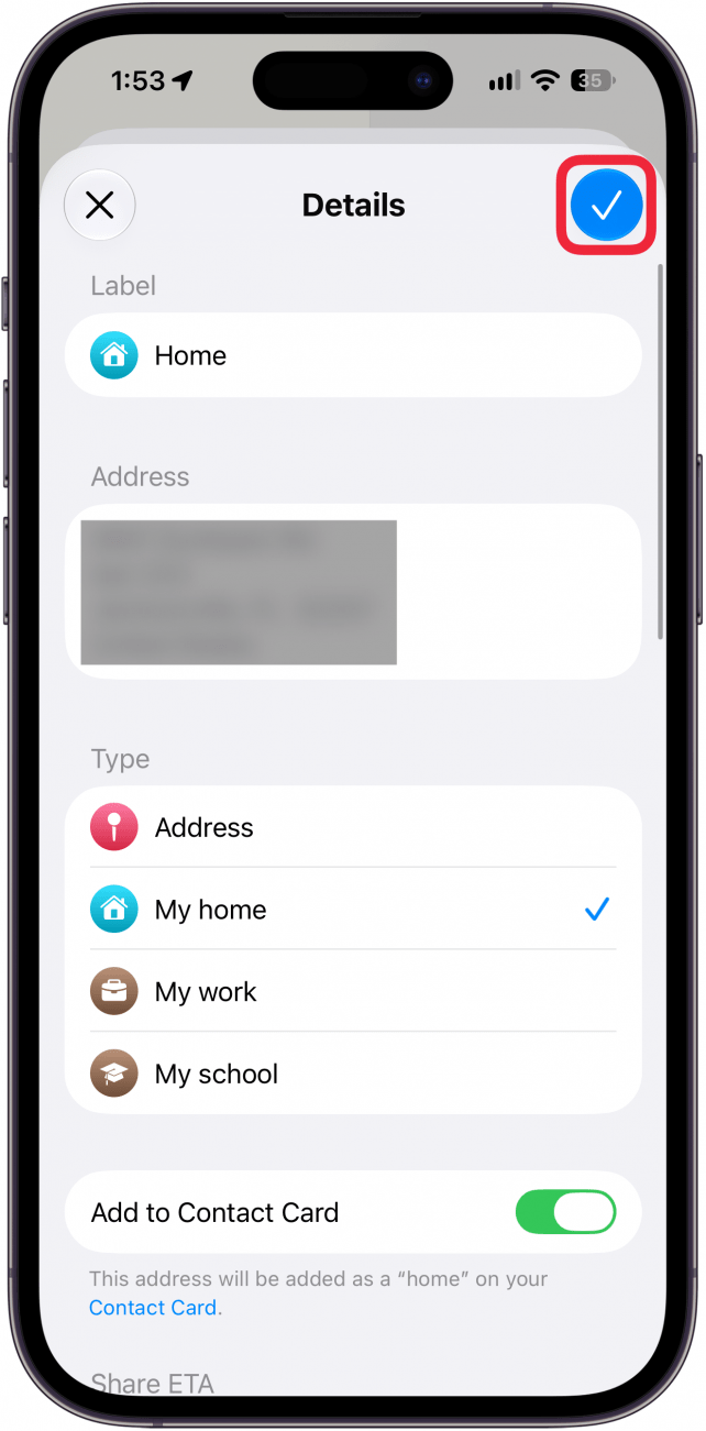 a screenshot of the maps app on iphone displaying the screen for adding a home address with a red box around the checkmark icon