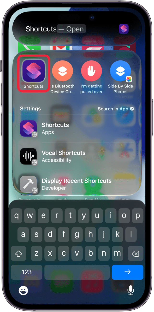 a screenshot of search on iphone with a red box around the shortcuts app