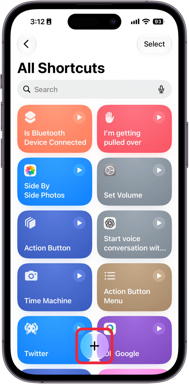 a screenshot of the shortcuts app with a red box around the plus icon