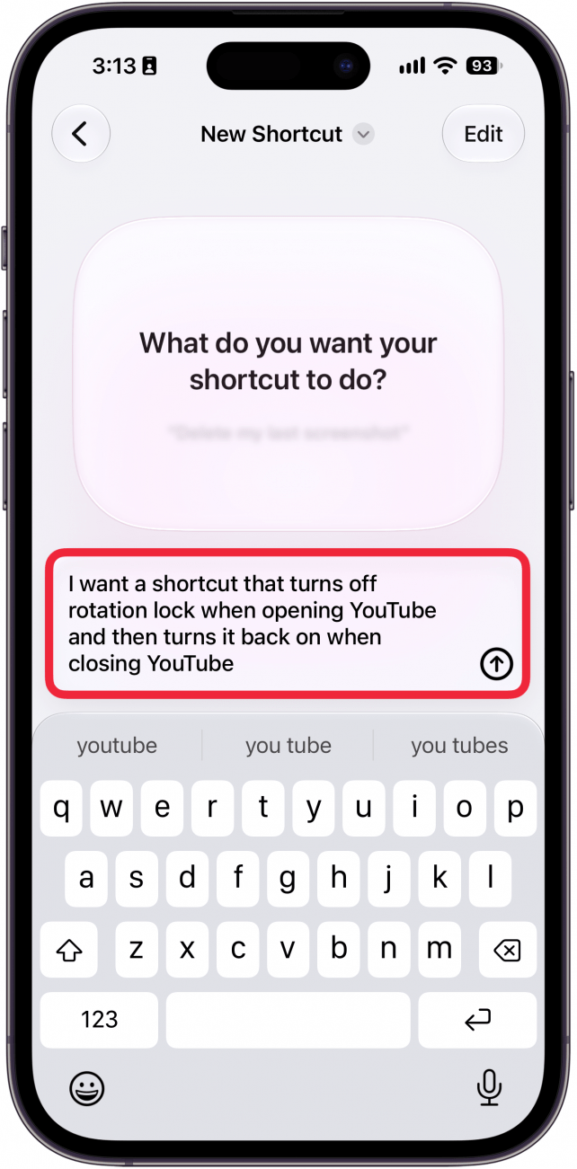 a screenshot of the shortcut creation screen on iPhone with a red box around the shortcut description box