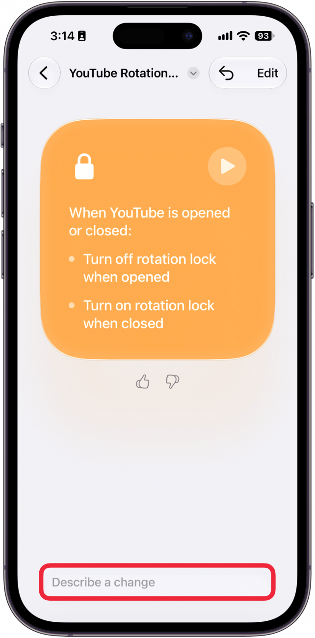 a screenshot of the shortcut creation screen displaying the completely shortcut with a red box around the describe a change box