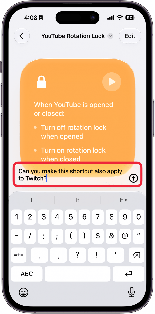 a screenshot of the shortcut creation screen displaying the completely shortcut with a red box around the describe a change box