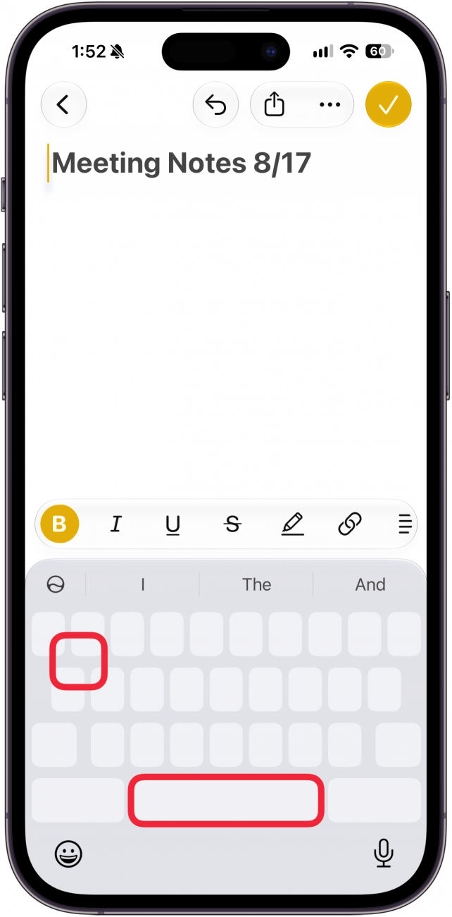a screenshot of the notes app on iphone displaying the new note screen with a blank keyboard, there is a red box around hte space bar and another red box around another blank spot on the keyboard