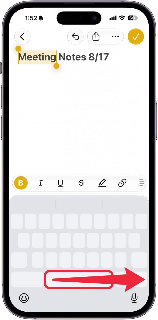 a screenshot of the notes app on iphone displaying the new note screen with a blank keyboard, there is a red box around the space bar and a red arrow pointing to the right