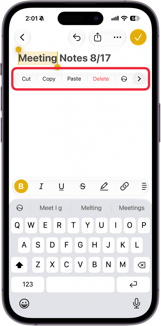 a screenshot of the notes app on iphone displaying the new note screen displaying the editing opting menu with a red box around it