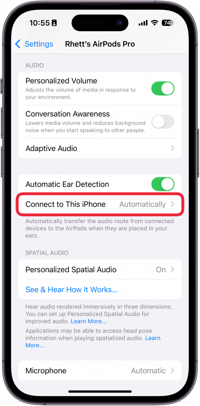 iphone airpods settings with a red box around connect to this iphone