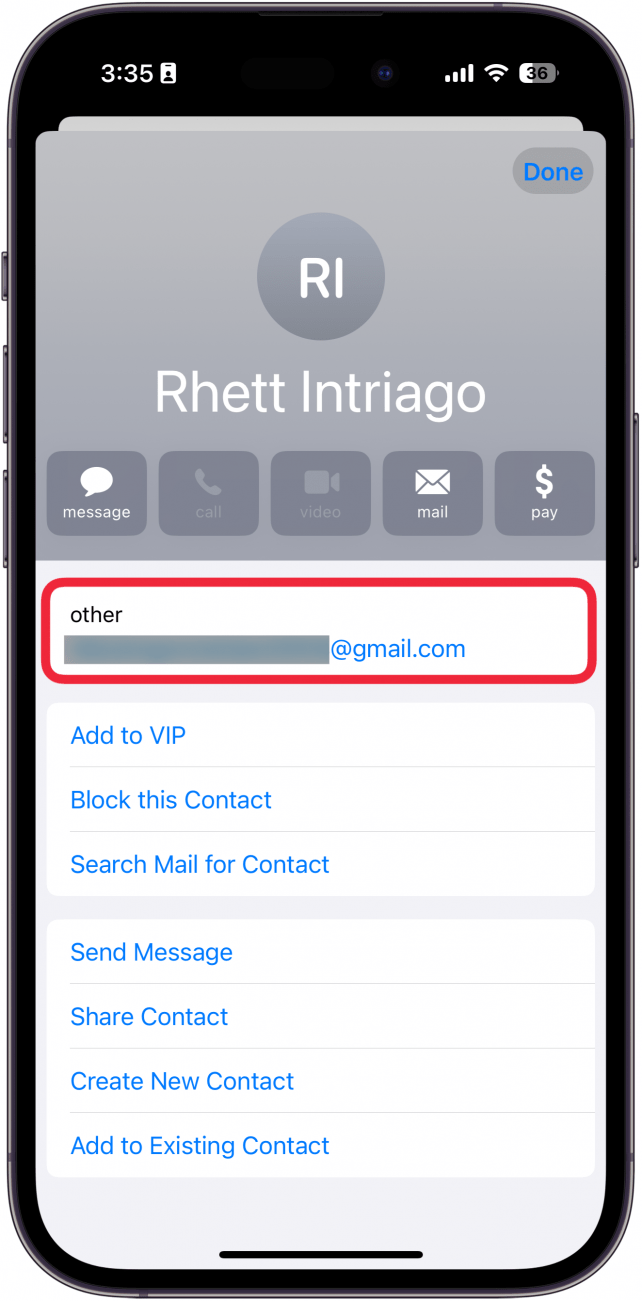 iphone contact card with a red box around an email address