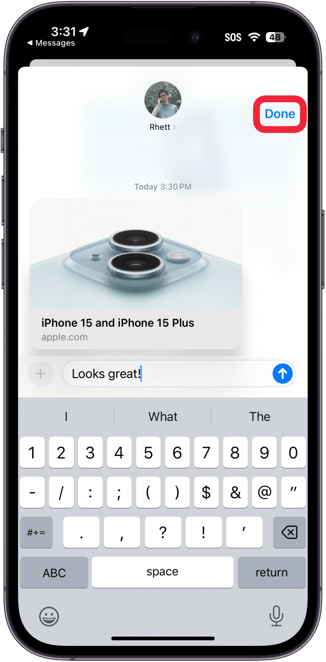 iphone message reply window with a red box around done button