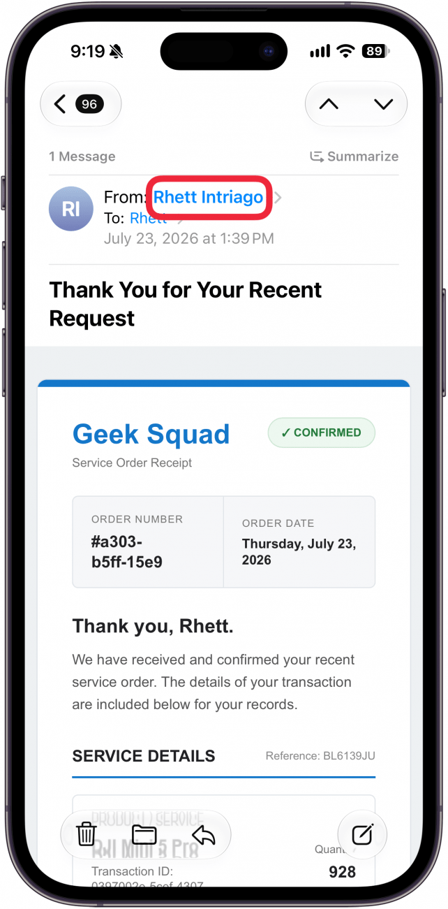 a screenshot of a scam email on iphone with a red box around the from field