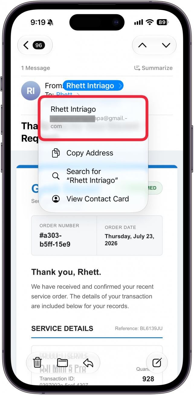 a screenshot of a scam email on iphone with a red box around the from email address