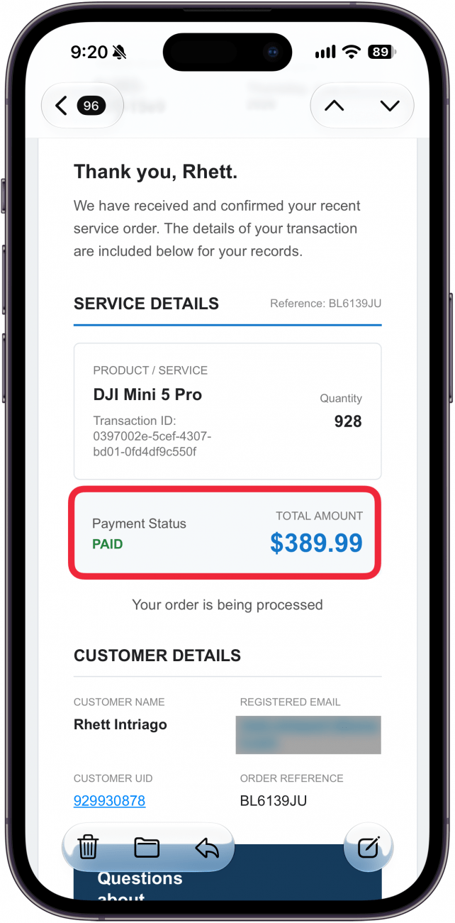 a screenshot of a scam email on iphone with a red box around the price on the fake invoice