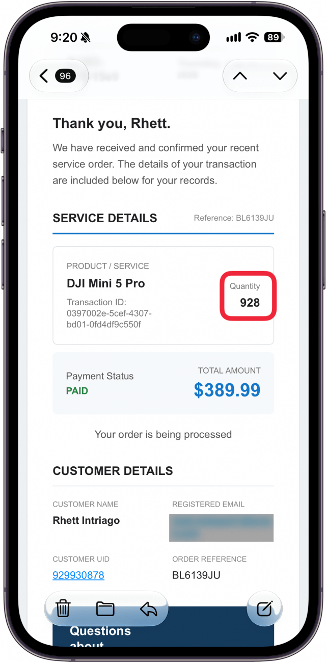 a screenshot of a scam email on iphone with a red box around the quantity of products on the fake invoice