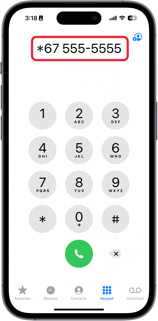 iphone phone app screen with a phone number typed out: *67 555-5555