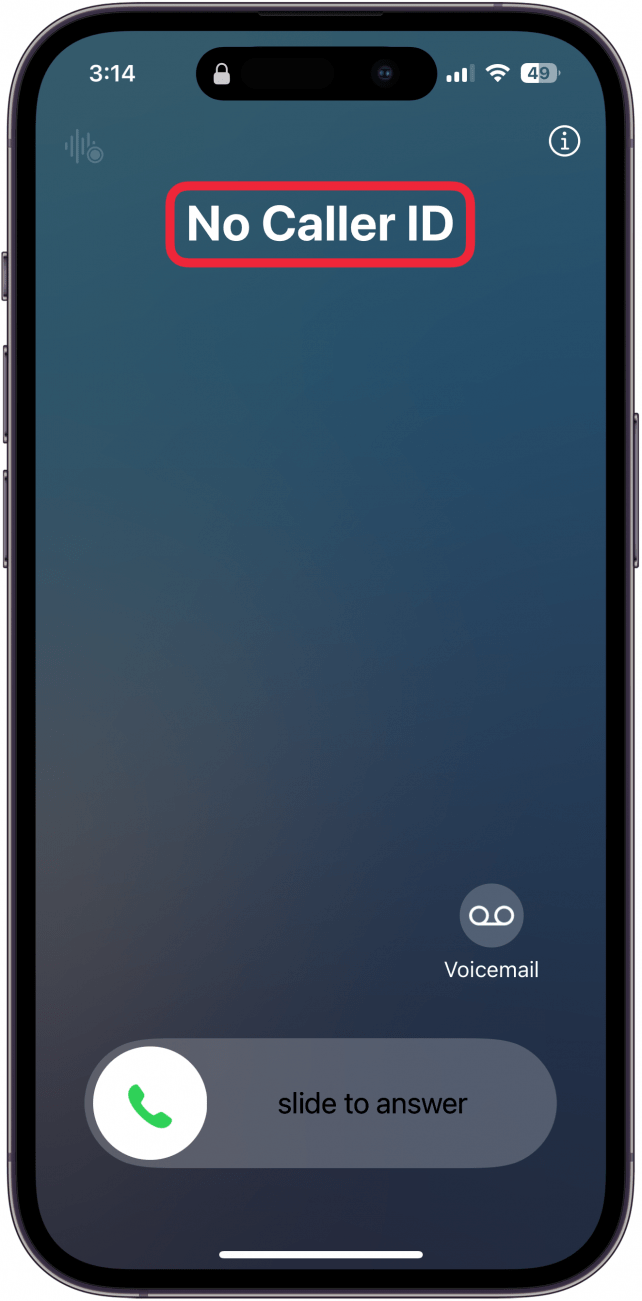iphone incoming call screen with a red box around no caller id