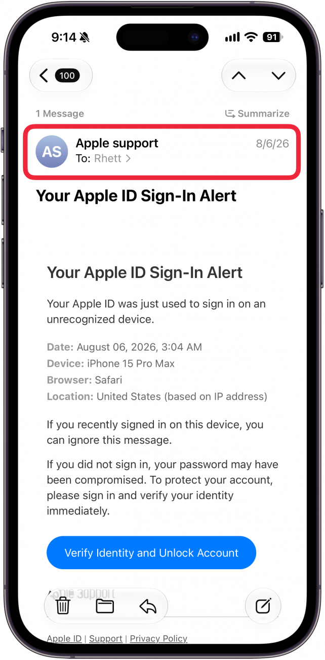a screenshot of a scam email on iphone with a red box around the address bar
