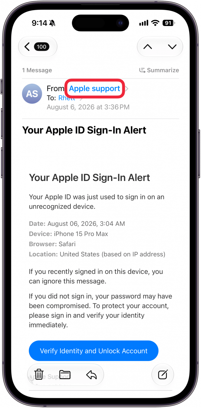 a screenshot of a scam email on iphone with a red box around the from field