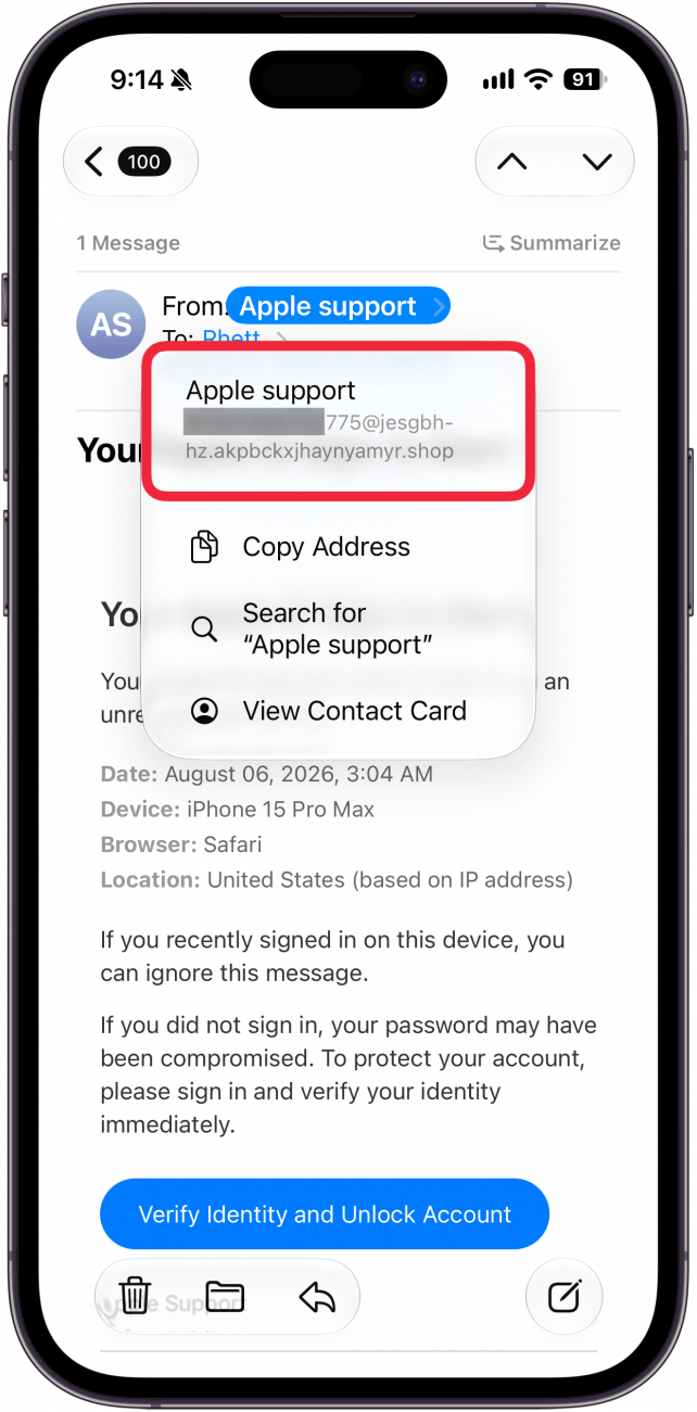 a screenshot of a scam email on iphone with a red box around the from email address