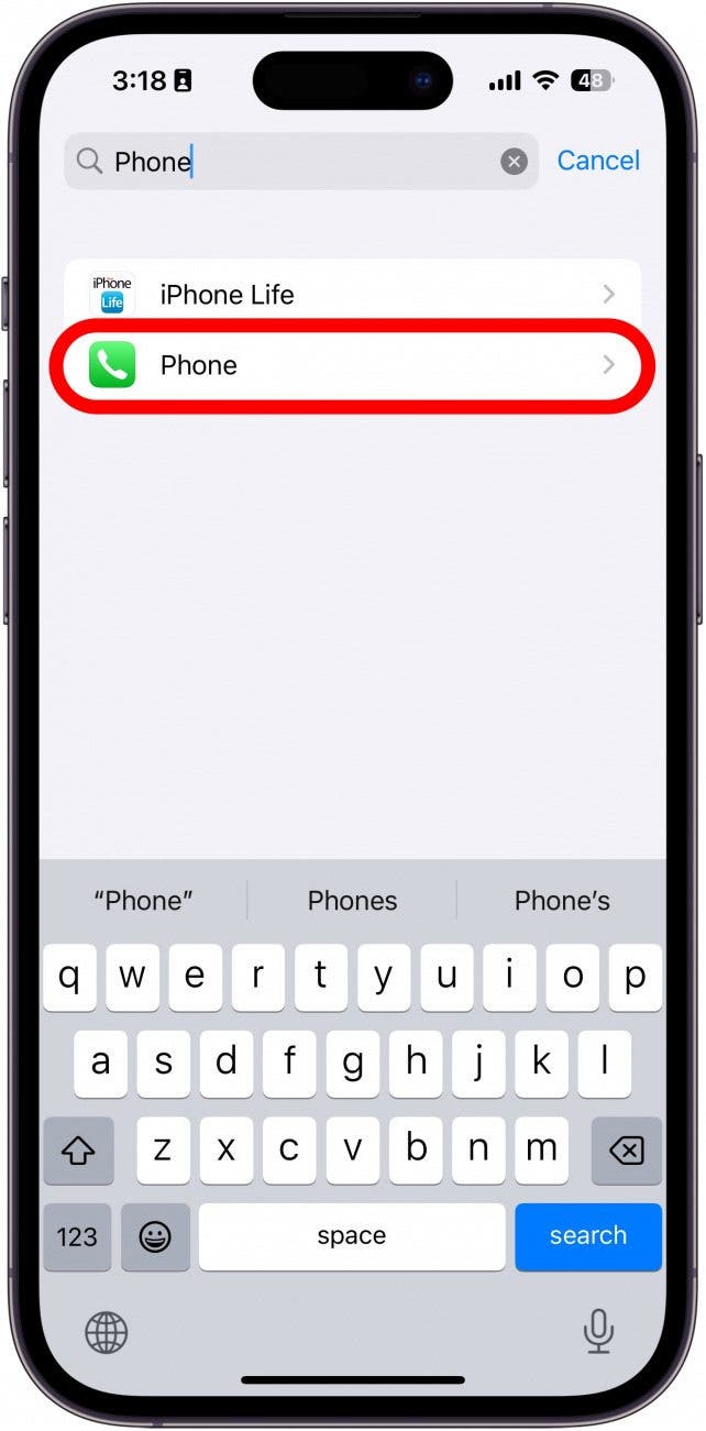 iphone settings app list with a red box around phone app