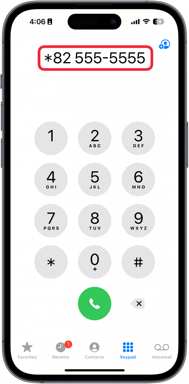 iphone phone app screen with a phone number typed out: *82 555-5555
