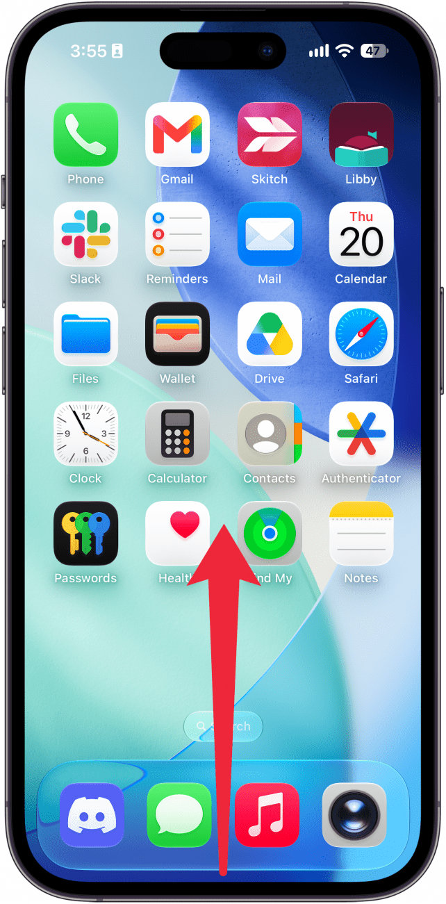 a screenshot of the iphone home screen with a red arrow pointing upward from the bottom edge, indicating for the user to swipe upward