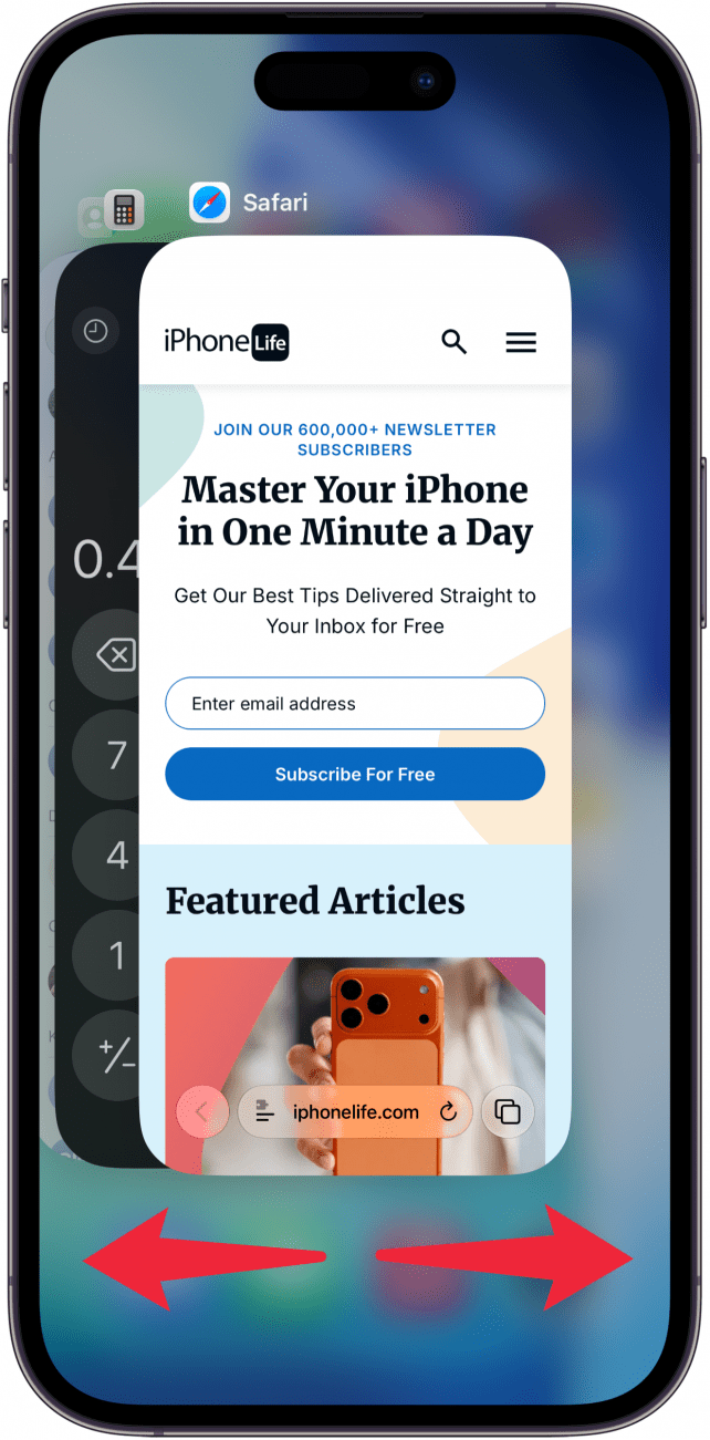 a screenshot of the iphone app switcher with red arrow pointing left and right indicating that the user can scroll left and right through apps