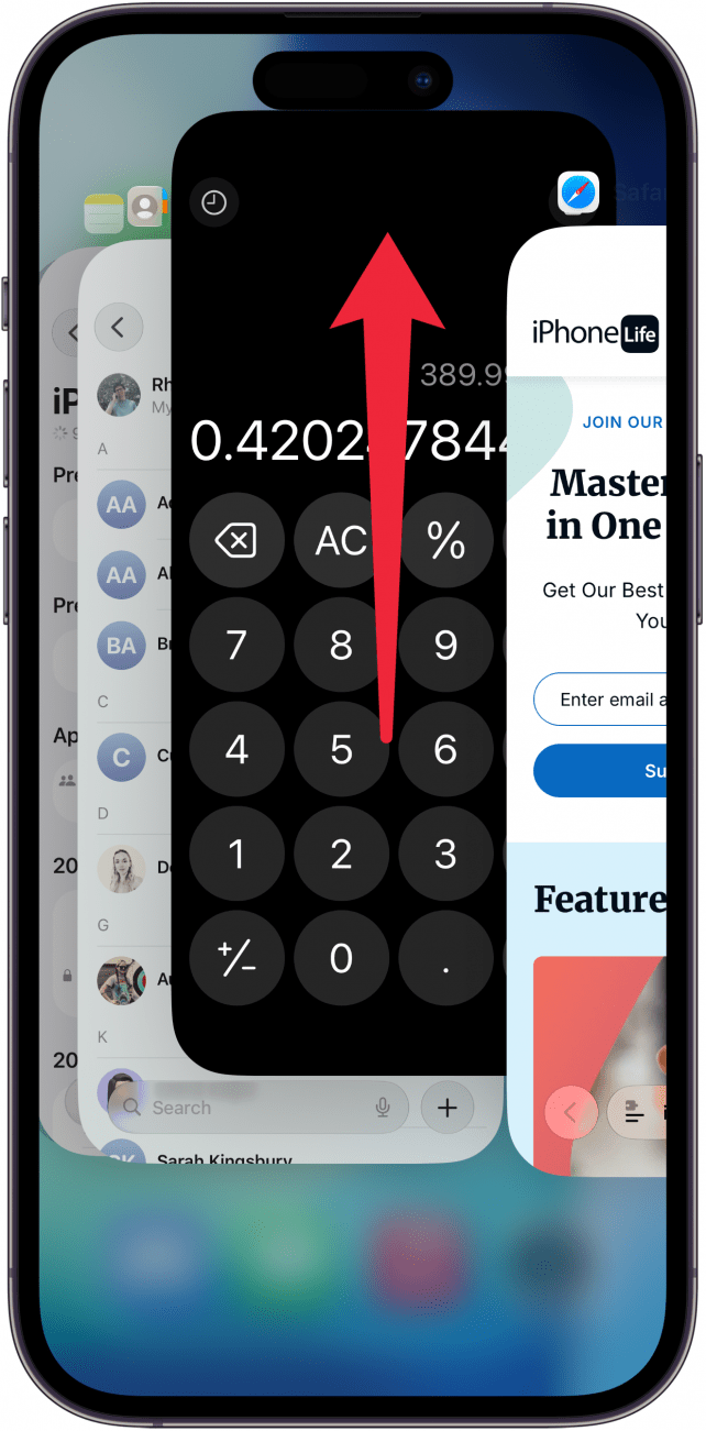 a screenshot of the iphone app switcher with a red arrow pointing upward on an app indicating that the user can swipe up on an app to close it