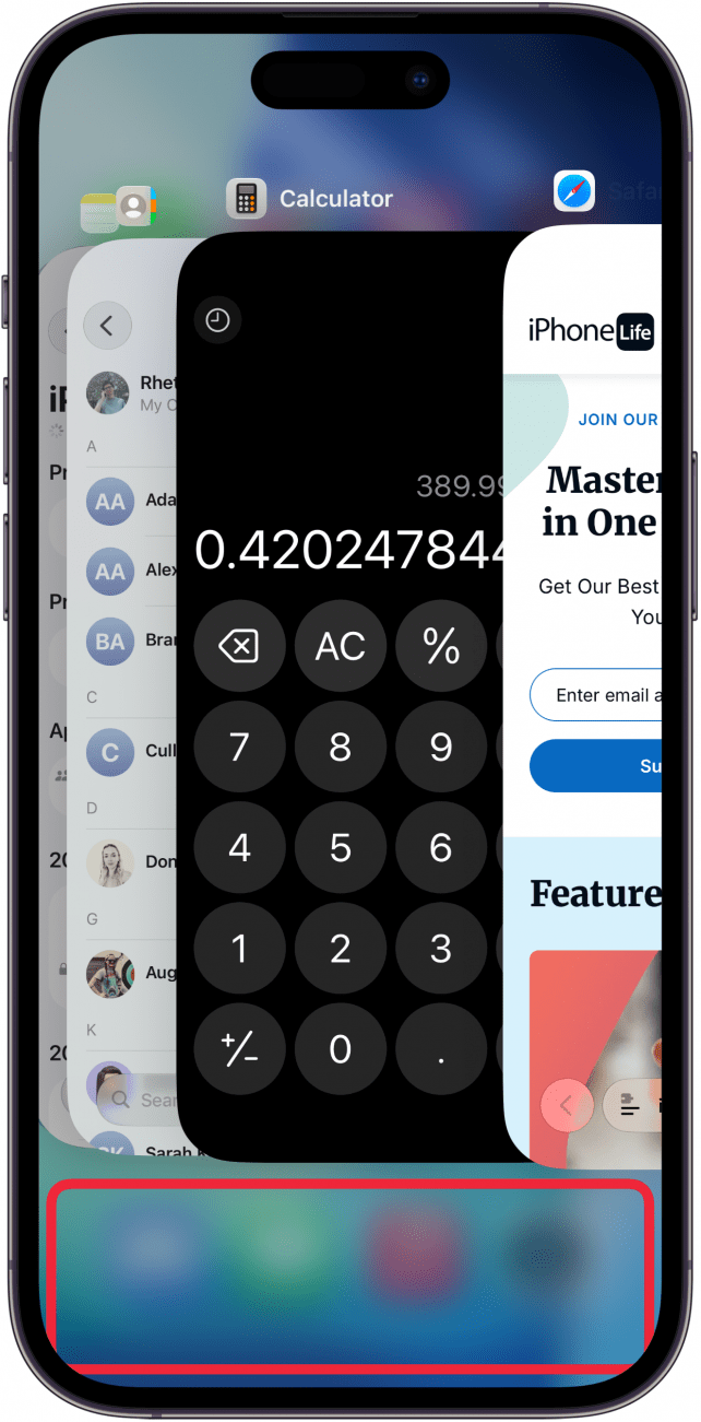 a screenshot of the iphone app switcher with a red box around the empty area beneath the apps