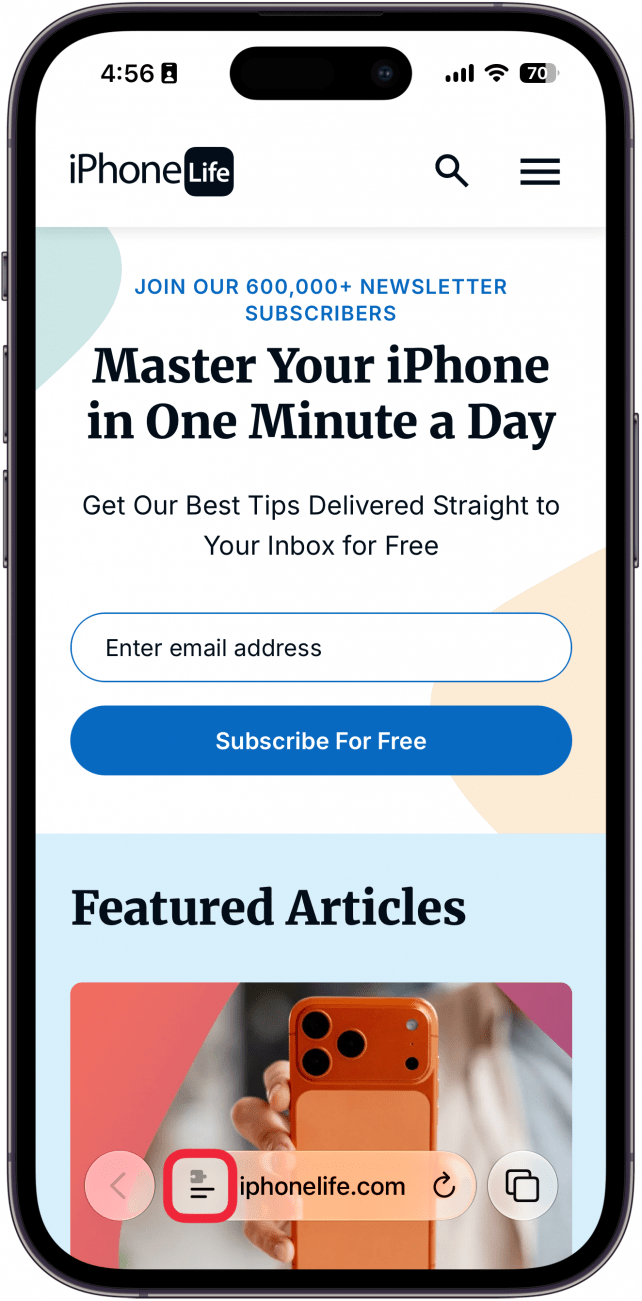a screenshot of safari on iphone with a red box around the page menu button
