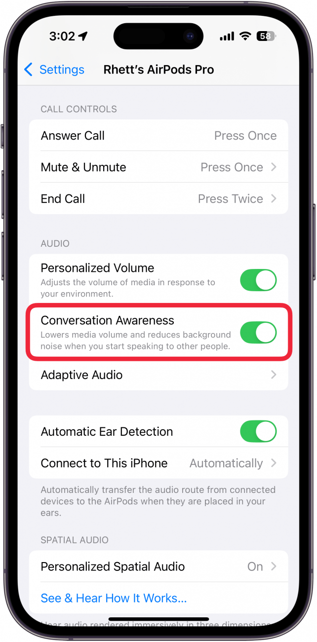iphone airpods setting screen with a red box around conversation awareness toggle