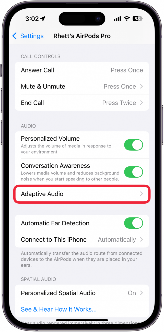 iphone airpods setting screen with a red box around adaptive audio