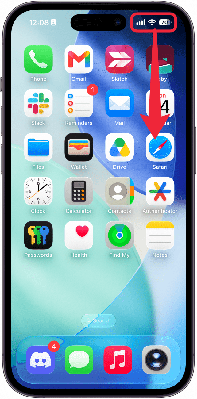 a screenshot of the iphone home screen with a red arrow pointing down from the top right, indicating to swipe down