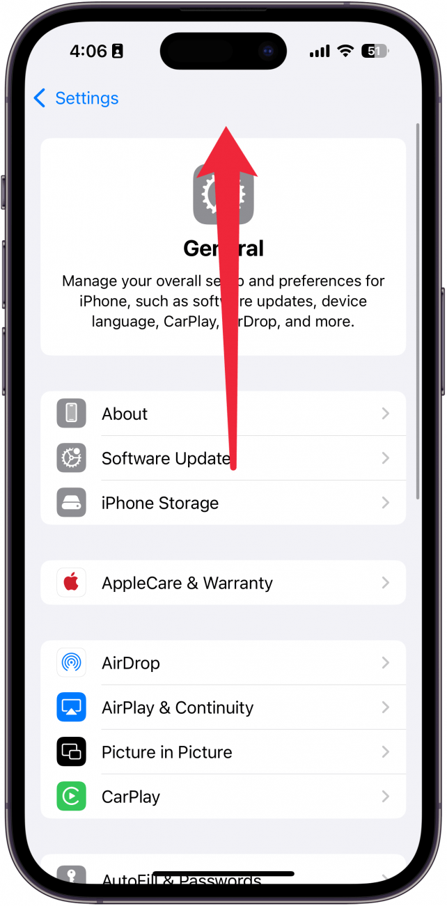 iphone settings app with a red arrow point up, indicating that the app has scrolled back to the top