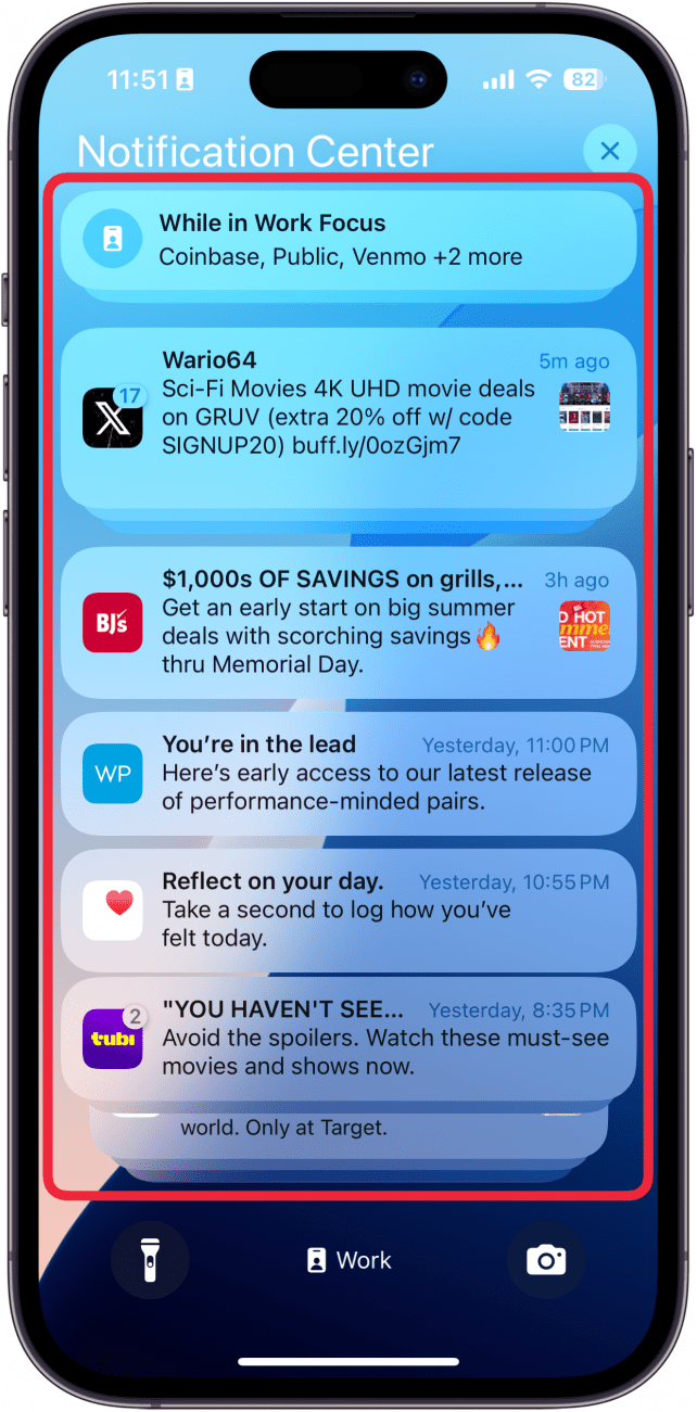 iphone lock screen displaying a list of notifications with a red box around them and a header that reads, "notification center"