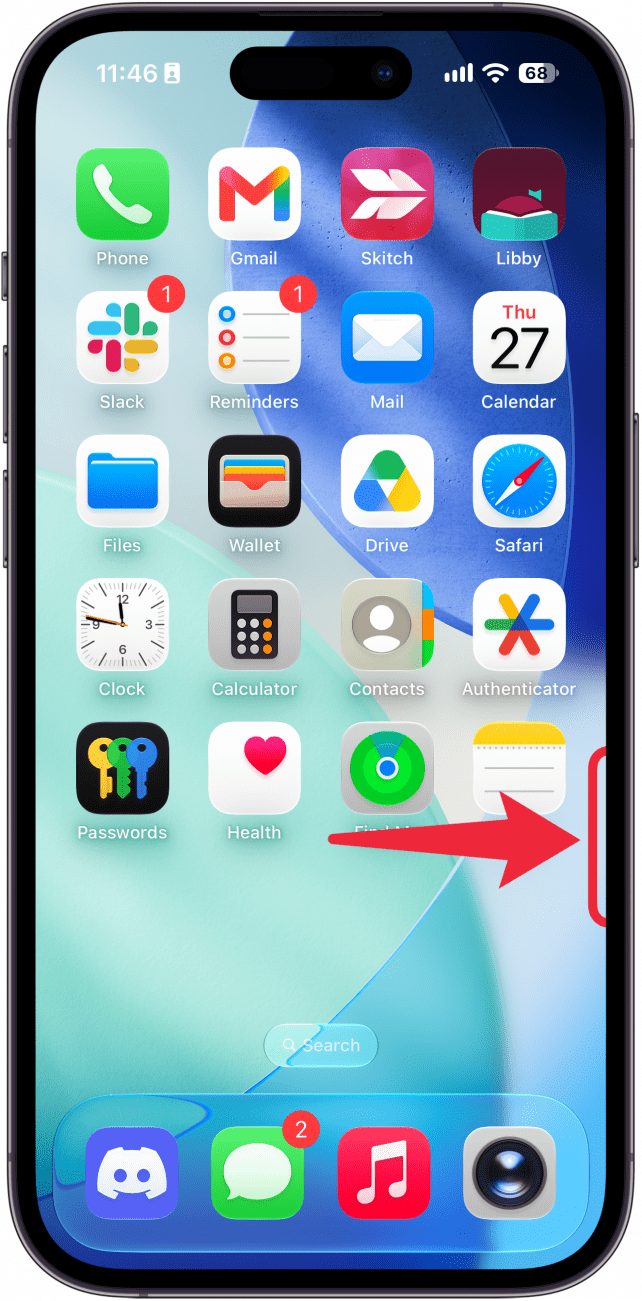 a screenshot of the iphone home screen with a red box at the edge of the screen and a red arrow pointing at it, indicating for the user to press the camera control button