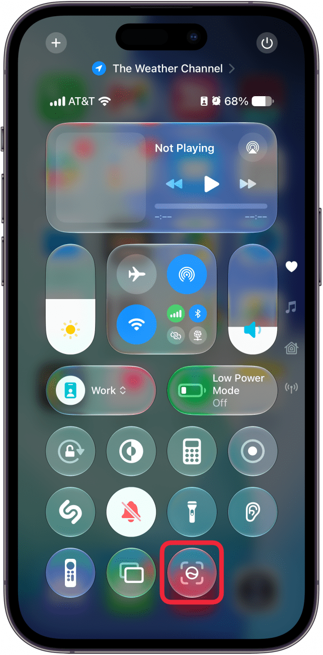 a screenshot of the control center on iphone with a red box around the visual intelligence button
