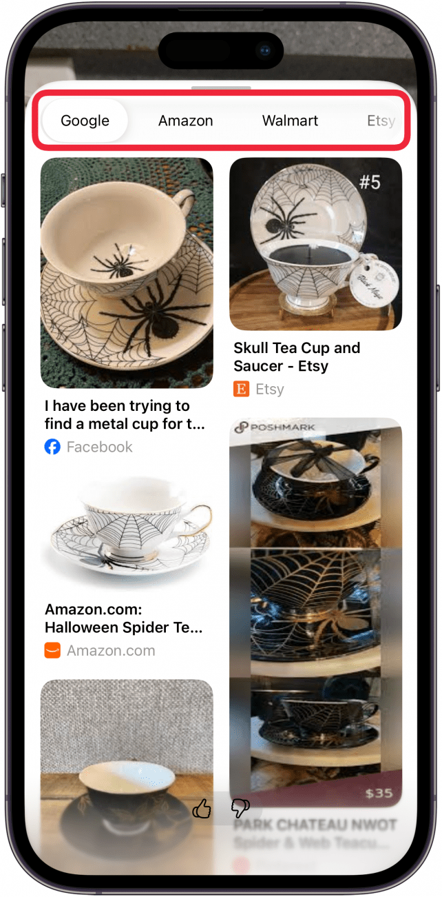 a screenshot of visual intelligence search results with a red box around the different search options (Google, Amazon, Walmart, Etsy) at the top of the screen