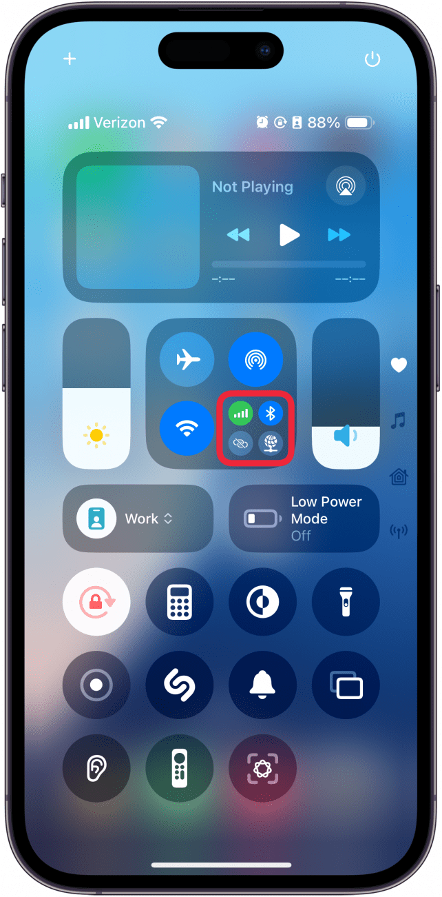 iphone control center with a red box around cellular controls