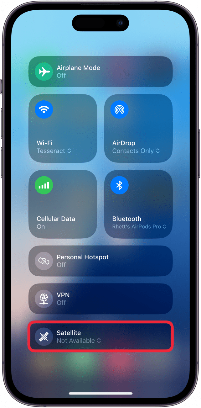 iphone control center cellular controls screen with a red box around satellite