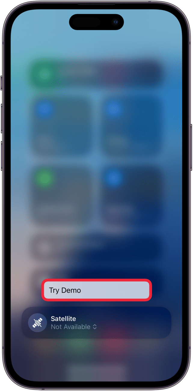 iphone control center cellular controls screen with a red box around the try demo button on the satellite control