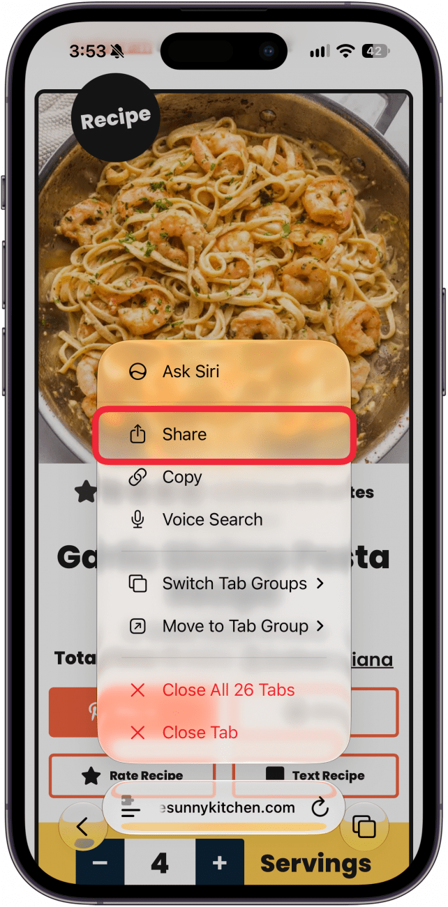 a screenshot of safari on iphone displaying page options with a red box around the share button