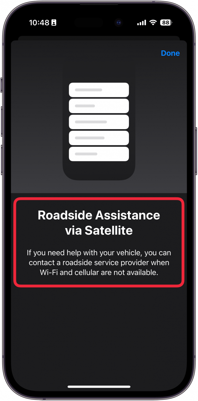 iphone satellite roadside assistance screen with a red box around the roadside assistance explanation