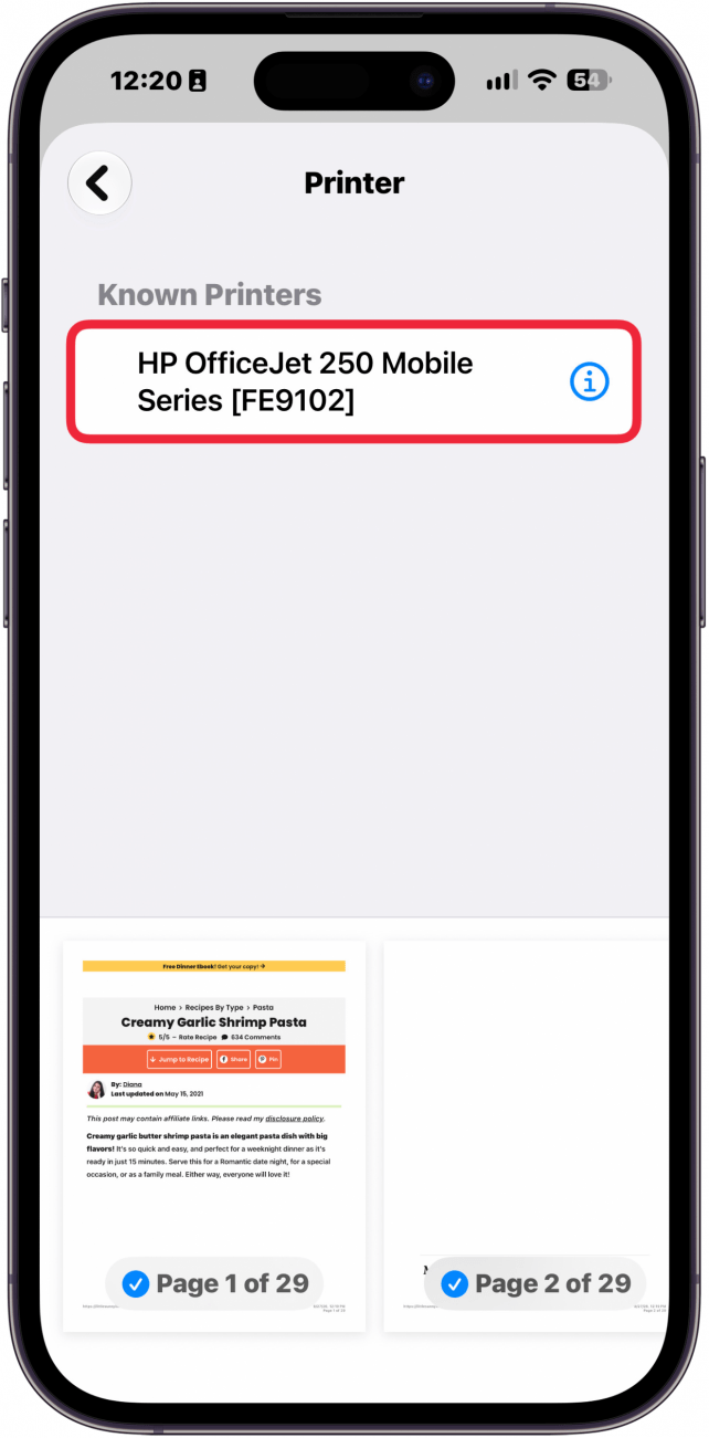 a screenshot of printer options on iphone displaying a list of printers with a red box around a single printer