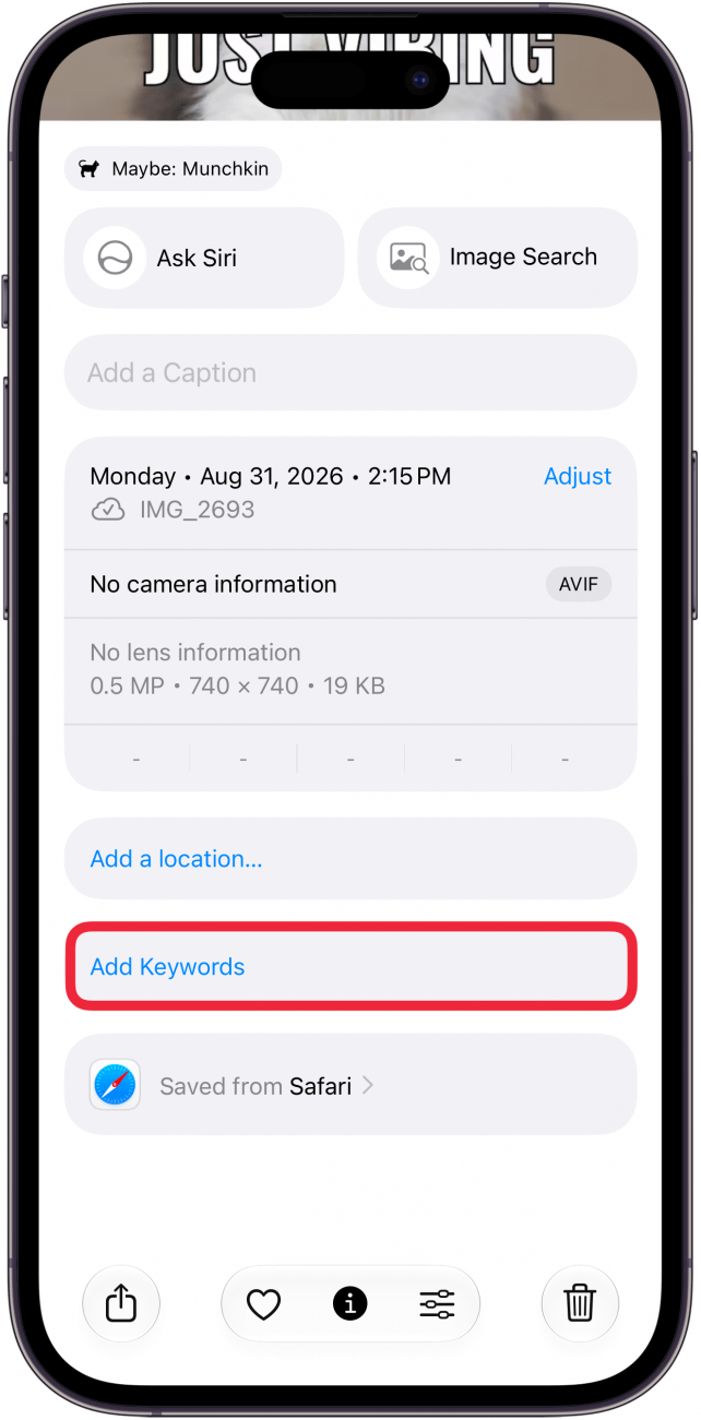 a screenshot of photo metadata on iphone with a red box around the add keywords button