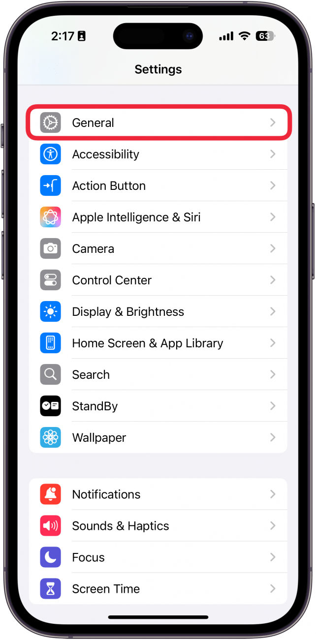 iphone settings app with a red box around general